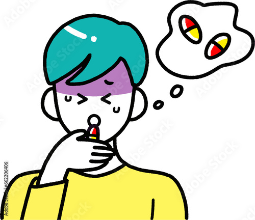 体調不良で薬を飲む男性のシンプルな線画