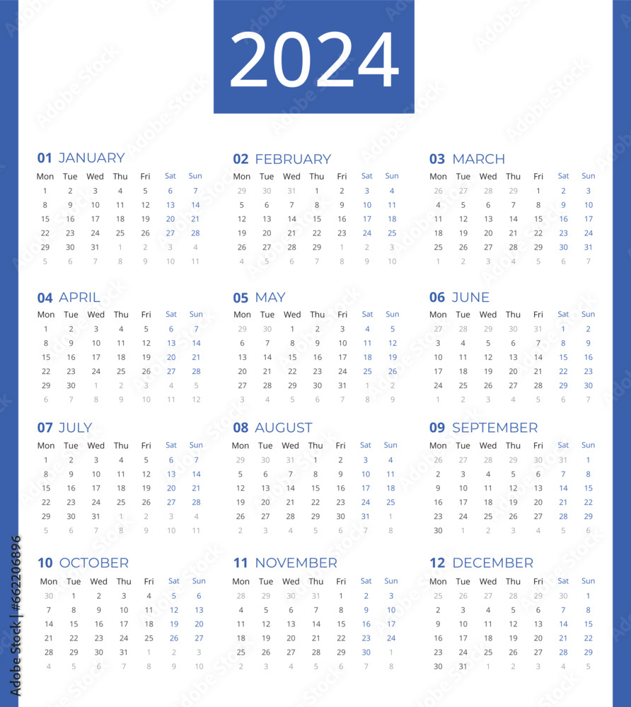 calendar for 2024, Calendar 2024 week starting Monday, Simple and professional 2024  Calendar template to make your new year planning easy.