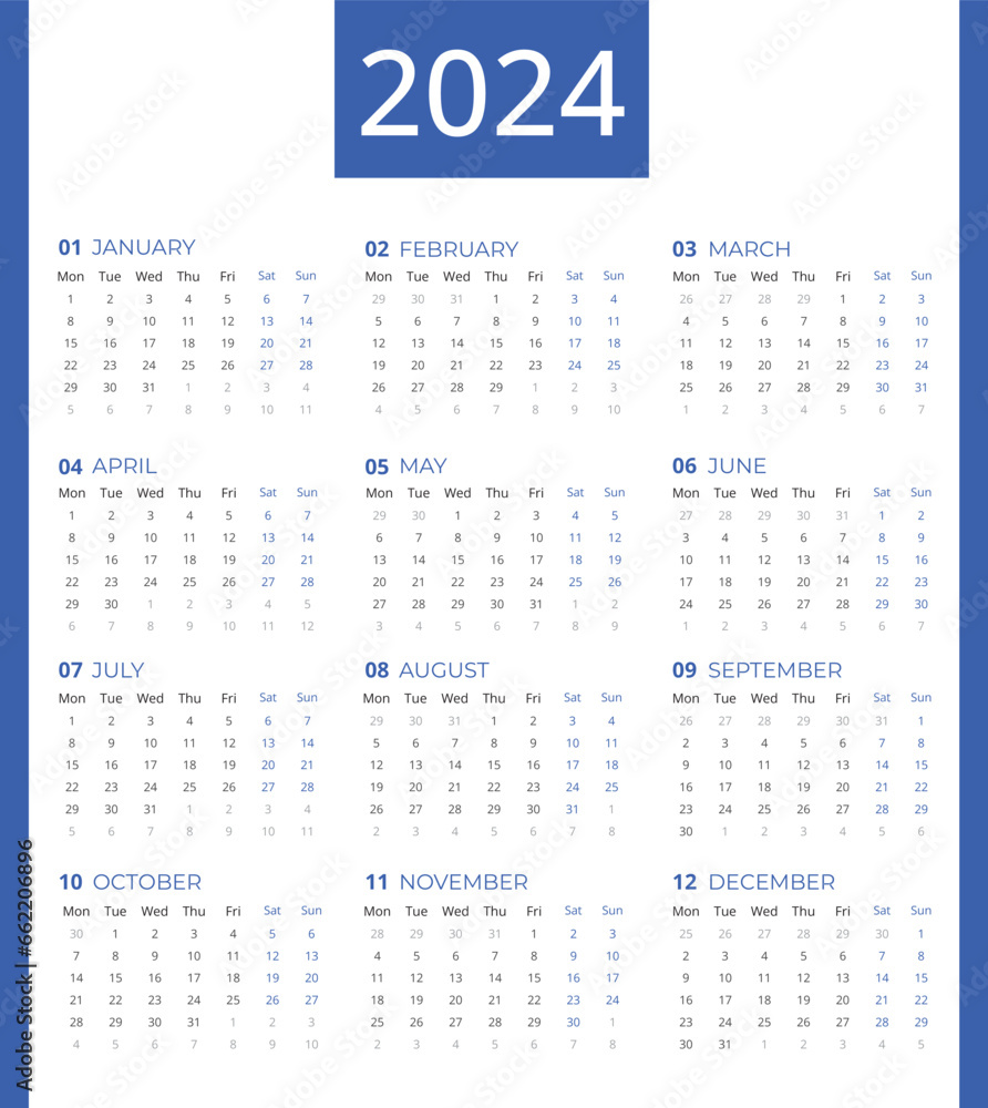 calendar for 2024, Calendar 2024 week starting Monday, Simple and
