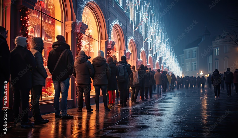 Shoppers stand in line at a Christmas store. People lining up for christmas by store windows outside.