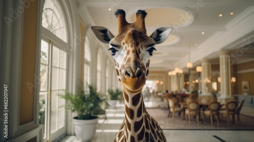 Giraffe in the hall of a luxury hotel. © vlntn