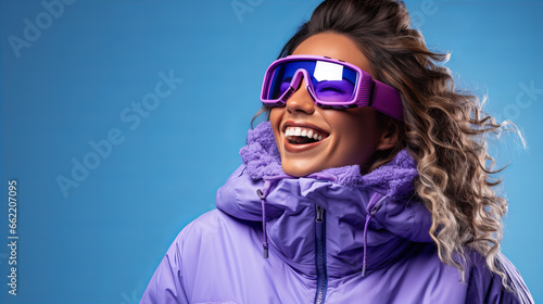 Close-up portrait of woman snowboarder skyer in glasses in mountains, side view. Girl wearing in ski clothes in winter resort. Enjoy healthy sport active rest, snowboarding lifestyle.