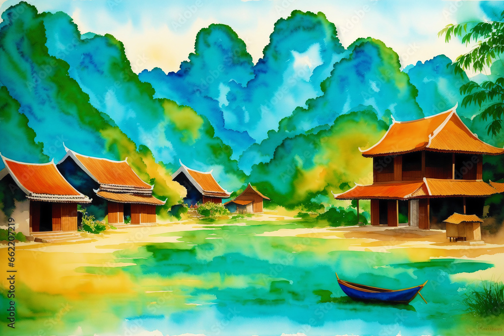 A chinese village. Watercolor Painting of a Tranquil Chinese Village. Generative AI