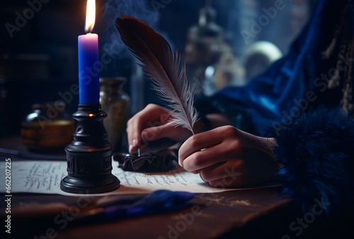 Hand write ink feather. Writing at evening in dark room with burning candle. Generate Ai