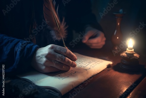 Hand write ink feather letter. Person writing message at burning candle. Generate Ai photo