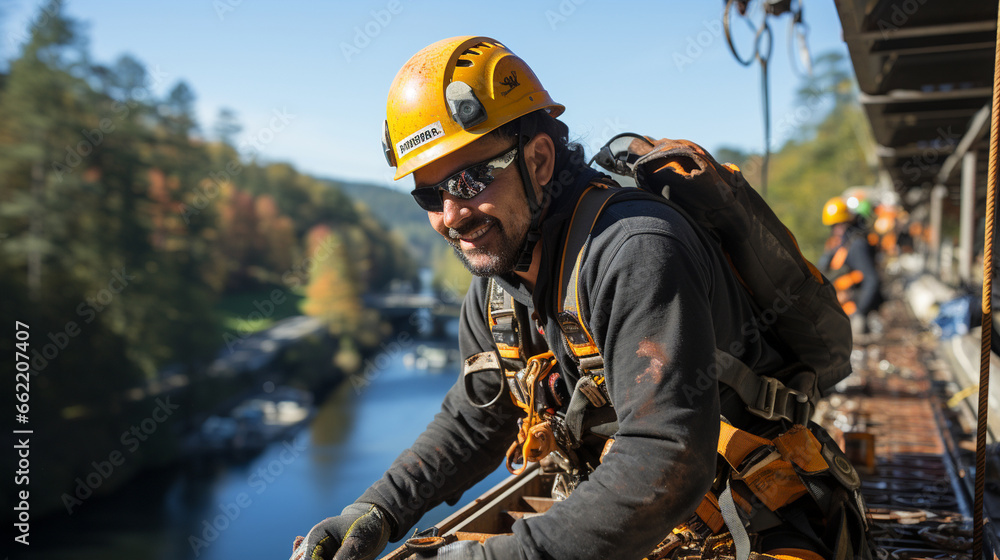 Bridging the Gap: A bridge construction worker poised high above a river, working on the structure's critical supports. Bridging the Gap: A bridge construction worker poised high above a river, working on the structure's critical supports.