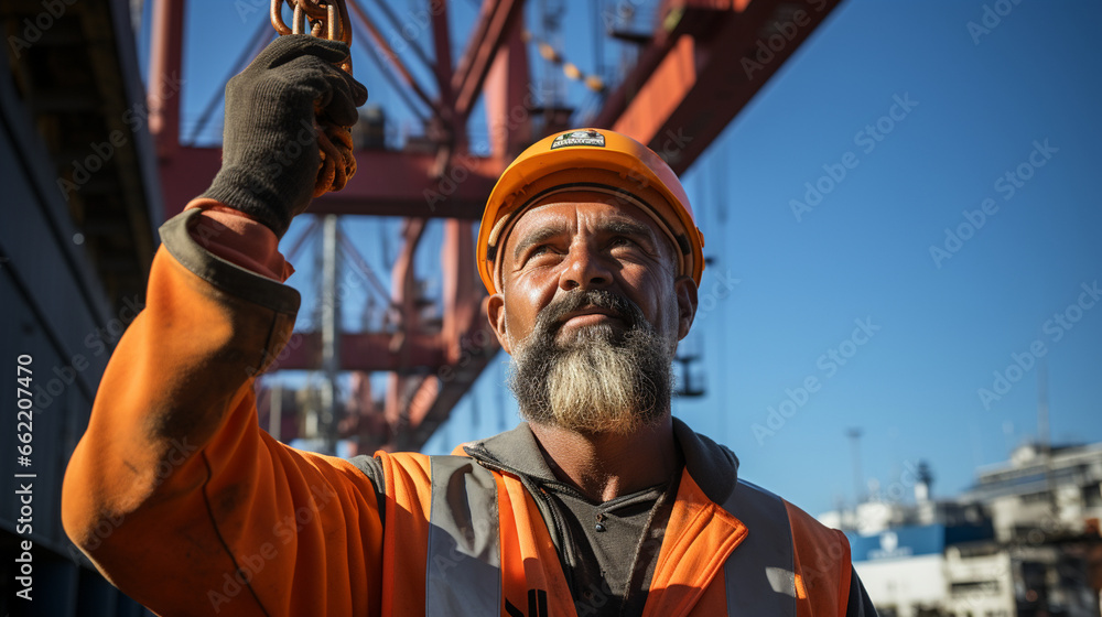 Harbor Cranes: A view from below of a dockworker operating a massive ...