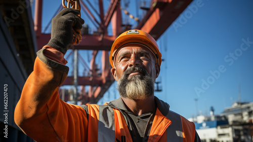 Harbor Cranes: A view from below of a dockworker operating a massive harbor crane to unload cargo from a ship. © Наталья Евтехова