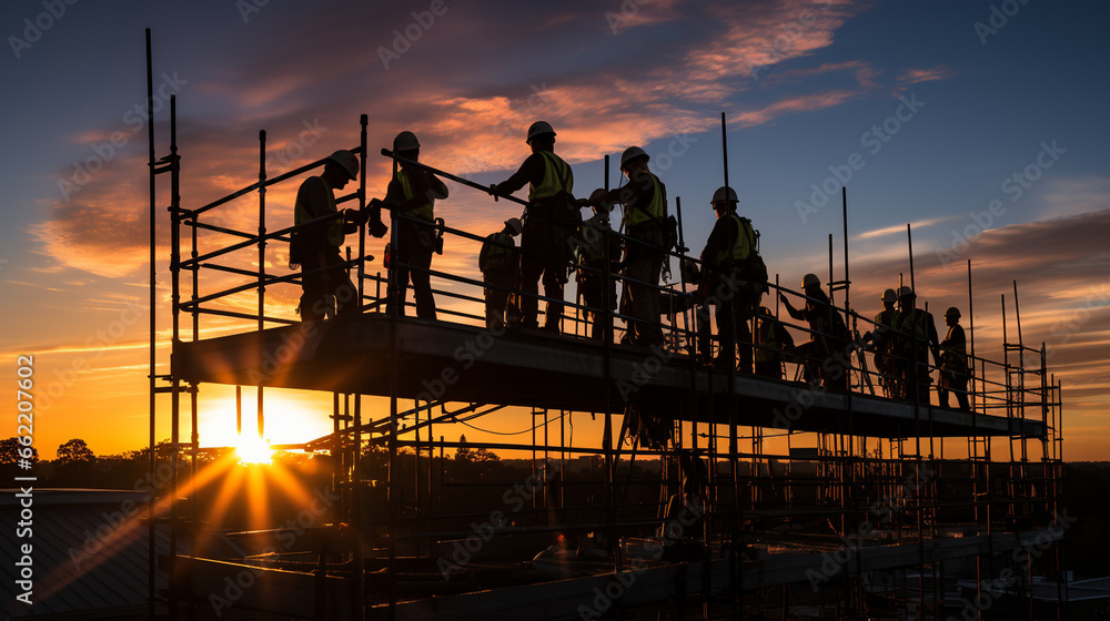 Silhouette of Labor: A worker's silhouette at sunrise, atop a construction scaffold, laboring against a stunning sky.