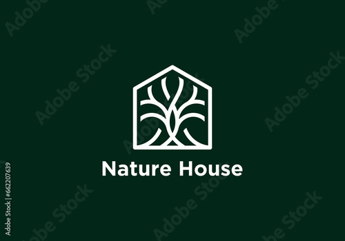 Natural Cottage Logo Concept with Pine Tree and Landscape Scene at Frame. Unique and Creative Design Brand Identity.