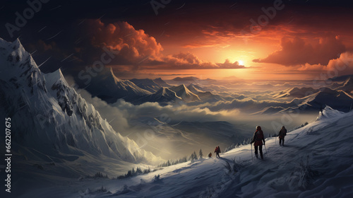 Bright sunset in the snowy mountains, people climbing on the top, alpenism