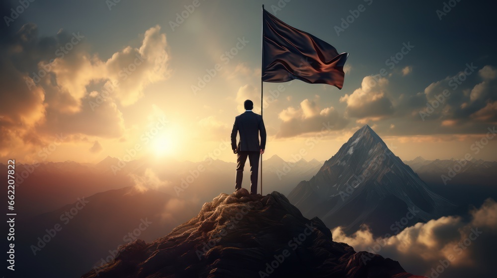 Silhouette of a man with his flag waving in the wind on the top of mountain with a morning sky and sunrise and enjoys the moment of success.