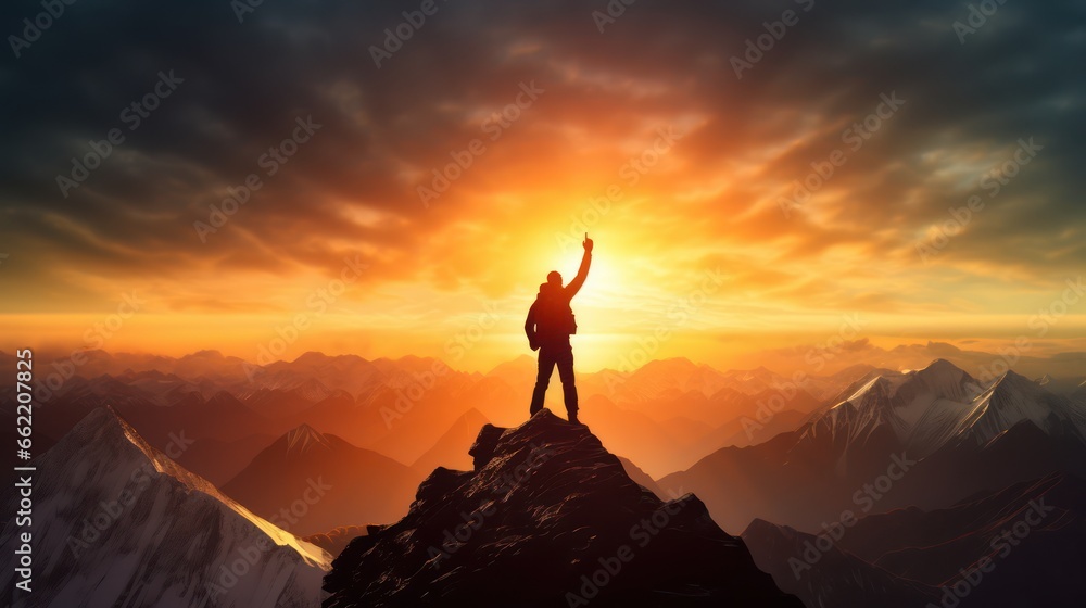 Silhouette of a man raising his hand up against the sky on the top of mountain with a morning sky and sunrise and enjoys the moment of success. - obrazy, fototapety, plakaty 