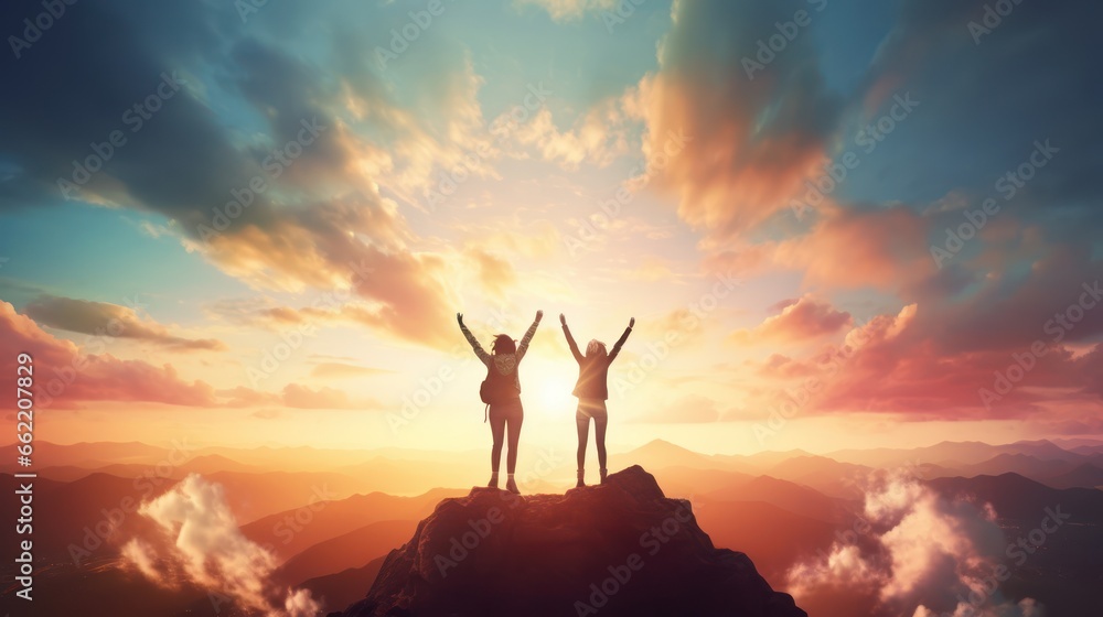 Silhouette of two women cheering together on the top of mountain with a morning sky and sunrise and enjoys the moment of success. Silhouette of two women cheering together on the top of mountain with a morning sky and sunrise and enjoys the moment of success.