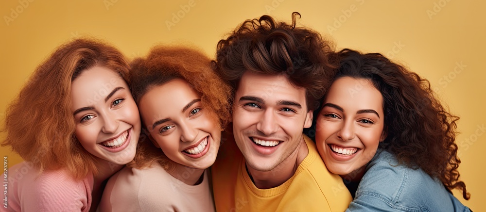 Group of young friends embracing and facing the camera in a joyful manner With copyspace for text Group of young friends embracing and facing the camera in a joyful manner With copyspace for text