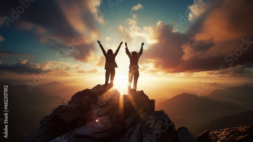 Silhouette of two businesswomen cheering together on the top of mountain with a morning sky and sunrise and enjoys the moment of success.