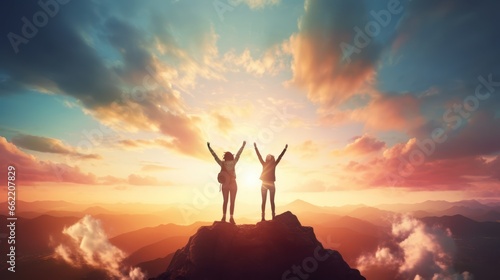 Silhouette of two women cheering together on the top of mountain with a morning sky and sunrise and enjoys the moment of success.