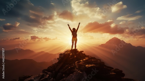 Silhouette of a woman raising  her hands up against the sky on the top of mountain with a morning sky and sunrise and enjoys the moment of success. © KikkyCNX