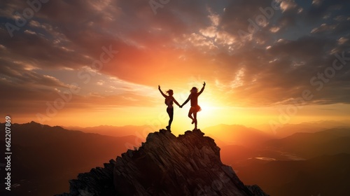 Silhouette of two women holding hands and cheering together on the top of mountain with a morning sky and sunrise and enjoys the moment of success.