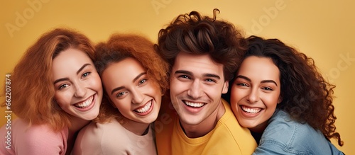 Group of young friends embracing and facing the camera in a joyful manner With copyspace for text
