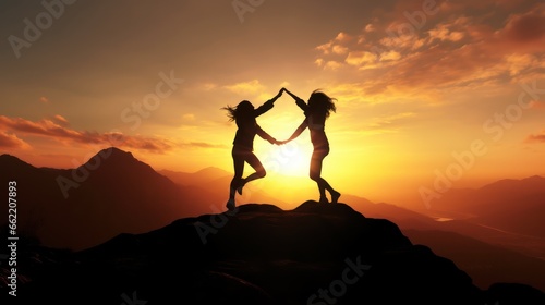 Silhouette of two women dancing and cheering together on the top of mountain with a morning sky and sunrise and enjoys the moment of success.