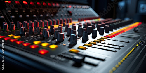 A sound mixing console, close-up front view