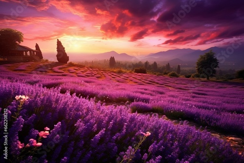 Stunning dawn lavender meadow. Purple blooms, fragrant plants. Generative AI