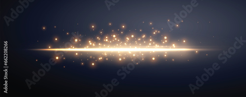 Gold horizontal lensflare. Light flash with rays or gold spotlight and bokeh. Yellow glow flare light effect. Vector illustration. Isolated on dark transparent background.
