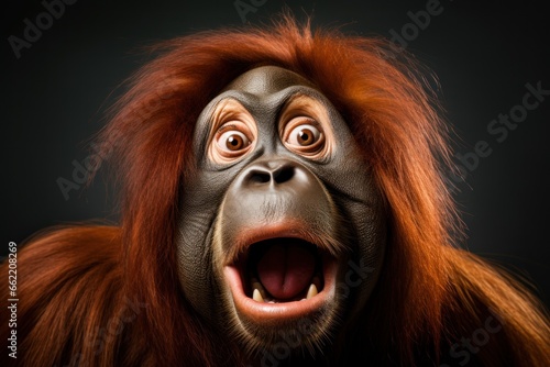 Happy surprised monkey orangutan with open mouth. © vlntn