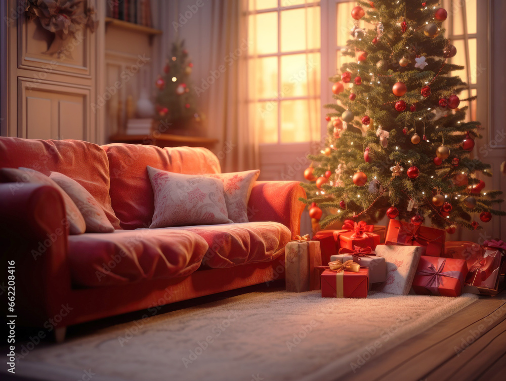 christmas day, christmas morning or early evening, fictional, christmas presents on carpet in living room, sofa couch, christmas tree christmas day, christmas morning or early evening, fictional, christmas presents on carpet in living room, sofa couch, christmas tree