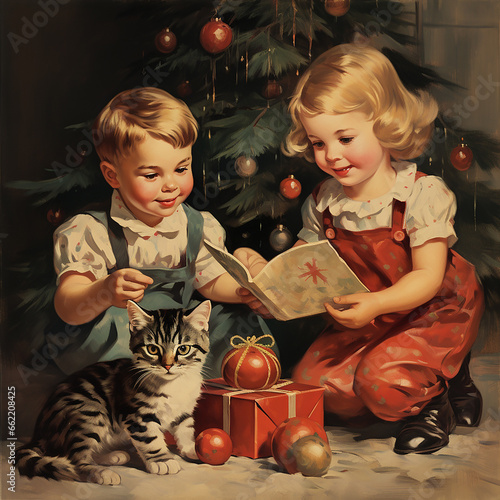 Retro vintage  Christmas card. Children and pets look at gifts near a decorated Christmas tree. Unusual New Year Christmas background, creative wallpaper.