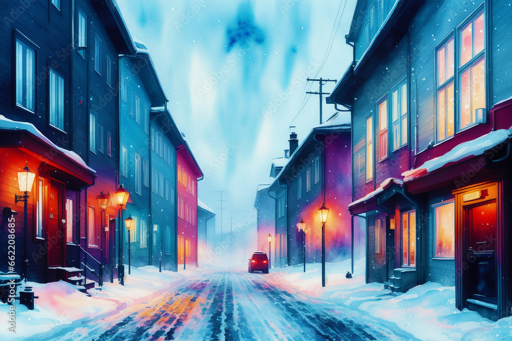 Obraz premium A watercolor town. Nordic Serenity, Watercolor Painting of a Scandinavian Town. Generative AI