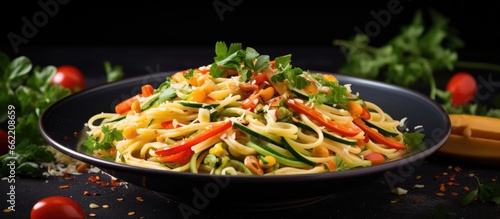 Italian Pasta Primavera with zucchini carrots bell pepper garlic and parmesan With copyspace for text