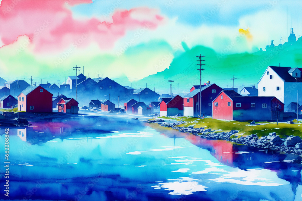 A watercolor town. Nordic Serenity, Watercolor Painting of a Scandinavian Town. Generative AI