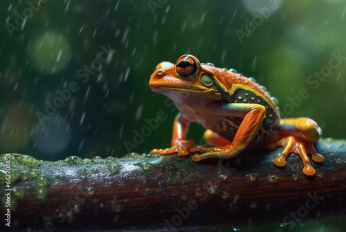 javanese tree frog sitting on a branch with beautiful blurred background and raindrops. generative ai © LivroomStudio