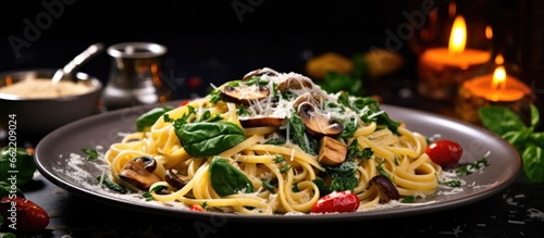 Italian cuisine with vegetarian food featuring linguini pasta mushrooms spinach and cheese for a healthy meal With copyspace for text