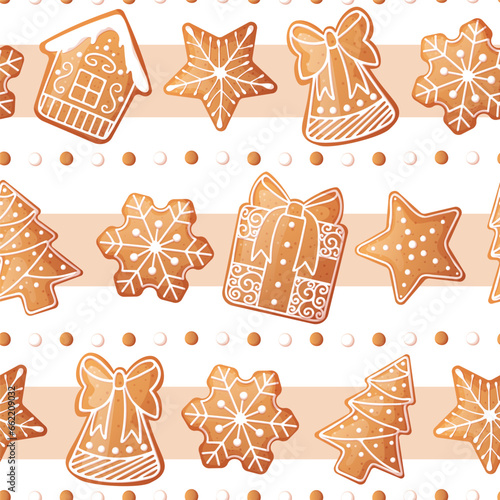Seamless pattern with gingerbread house, gift, snowflake, fir tree. Suitable for fabric, wrapping paper, wallpaper, background, textile, etc.