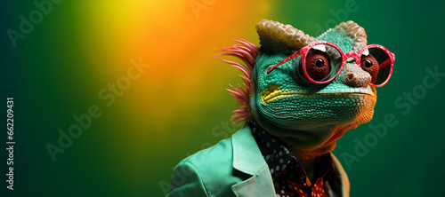 Chameleon in sunglasses, close-up view. emerald green background