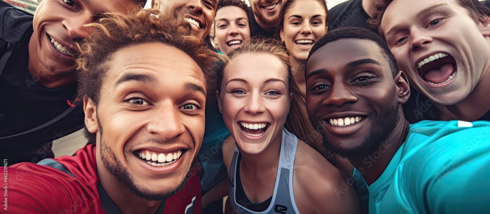 Happy and diverse Olympic athletes taking a selfie and showing hand gestures With copyspace for text - obrazy, fototapety, plakaty 