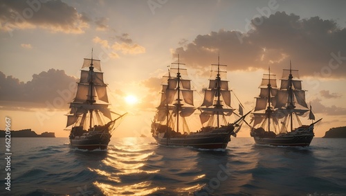 Medieval frigates at sea in the setting sun photo