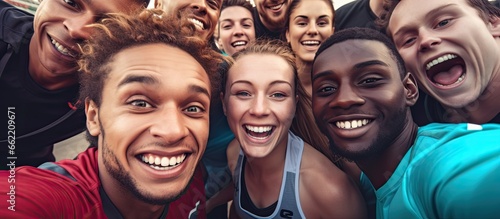 Happy and diverse Olympic athletes taking a selfie and showing hand gestures With copyspace for text