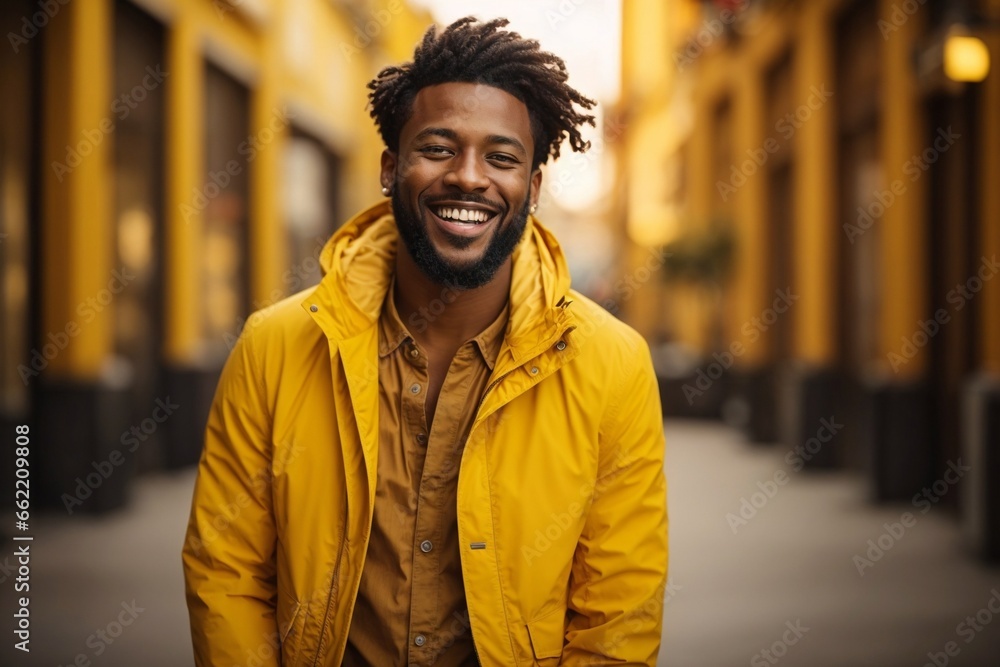 Fototapeta premium Joyful Urban Charm: Portrait of a Young, Curly-haired African American Man Laughing in a Stylish Yellow Jacket against Cityscape Backdrop