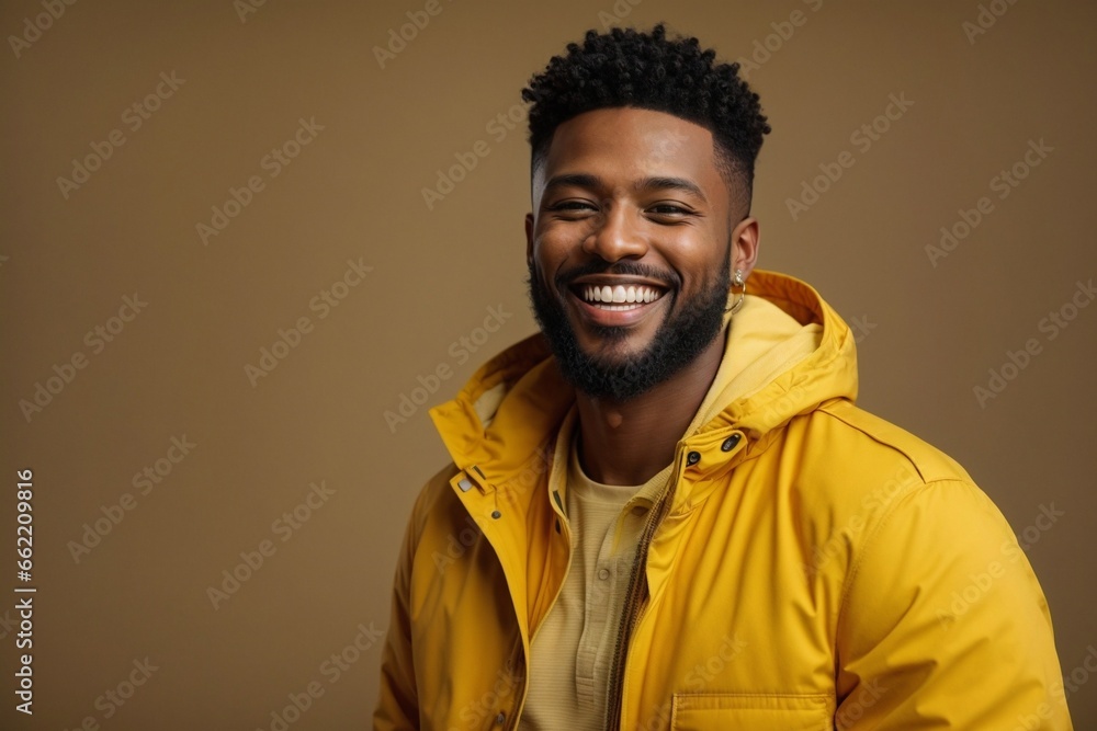 Joyful Urban Charm: Portrait of a Young, Curly-haired African American Man Laughing in a Stylish Yellow Jacket against Cityscape Backdrop Joyful Urban Charm: Portrait of a Young, Curly-haired African American Man Laughing in a Stylish Yellow Jacket against Cityscape Backdrop
