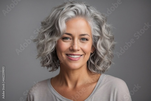 Portrait of a Beautiful Smiling Middle-Aged European Woman with White Hair