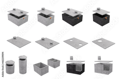 3D render of collection set of waste septic concrete tanks for domestic wastewater treatment plant (szambo) 