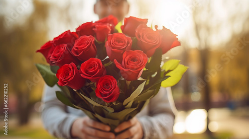 Man holding large bouquet of charming red roses in daylight against an outdoor street background exudes heartfelt gesture of love and romance, adorable gift for woman you love, close up copy space photo