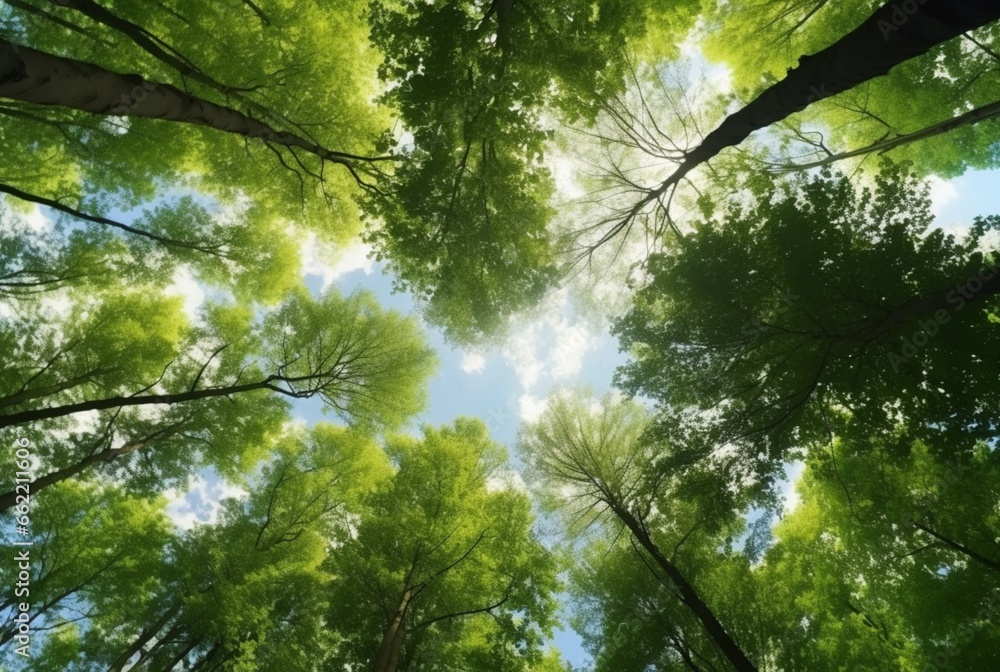Obraz premium Looking up at the green tops of trees. generative ai