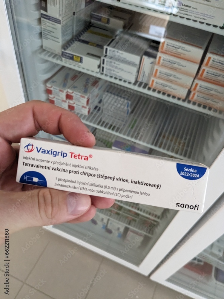 Prague,Czech republic October 14 2023Pharmacy conceptVaxigrip tetra vaccine package infront