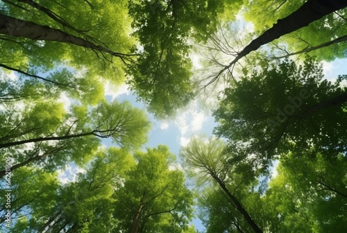 Looking up at the green tops of trees. generative ai