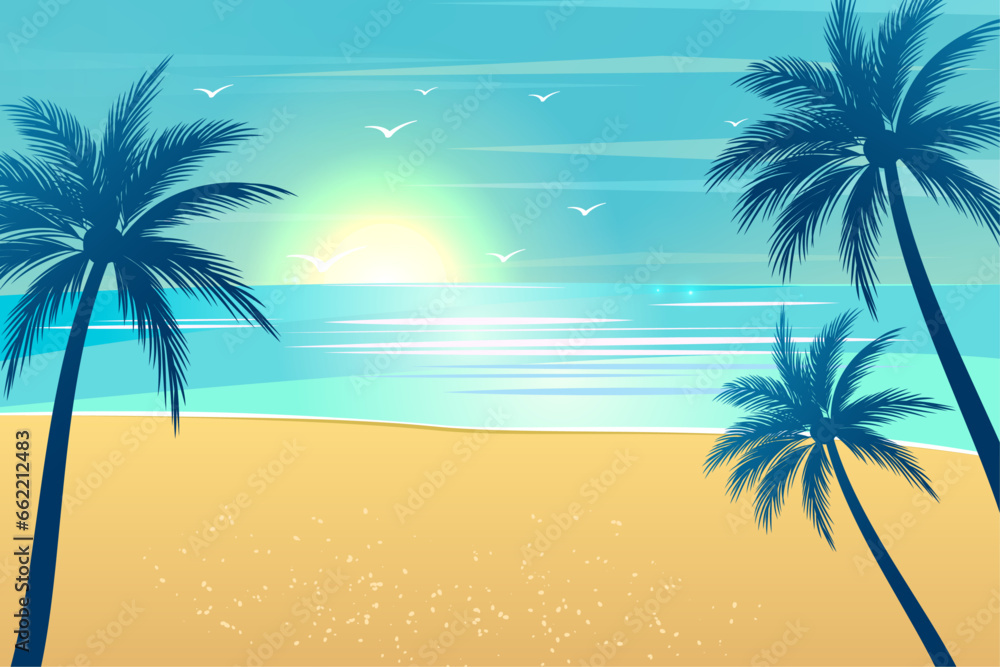 Gradient tropical summer beach background with palm trees and beach